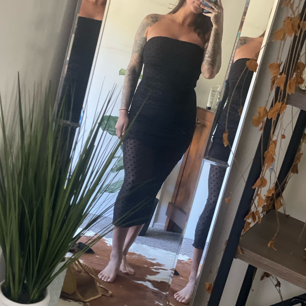 Black polka dot mesh strapless dress